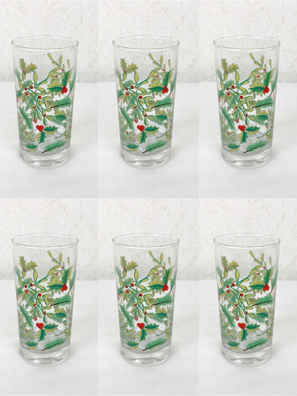 Crisa Mistletoe Holly 6 Highball Tea Tumbler Glasses Christmas 16.3 Oz Holiday